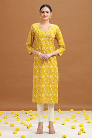 Yellow Abstract Floral Printed Straight Kurta