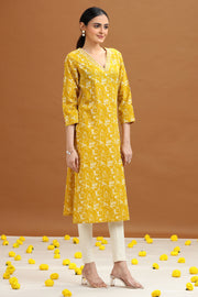 Yellow Abstract Floral Printed Straight Kurta