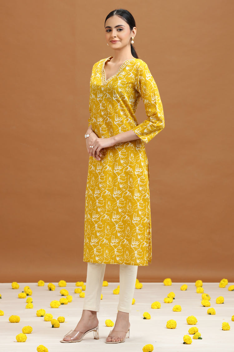 Yellow Abstract Floral Printed Straight Kurta