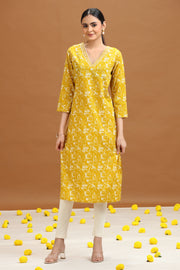 Yellow Abstract Floral Printed Straight Kurta