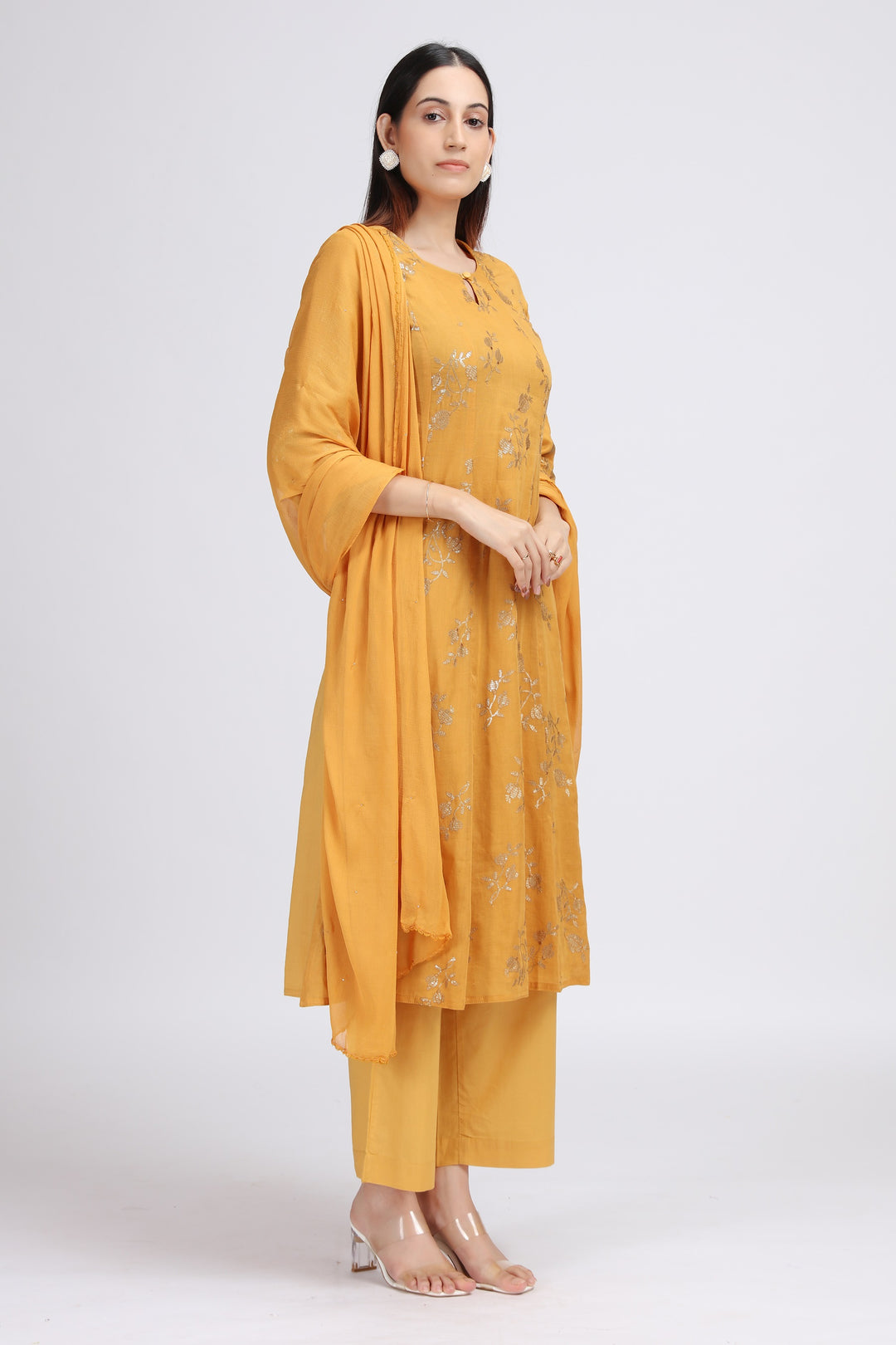 Yellow Cotton Embroidered Straight Kurta Pant and Dupatta Suit Set