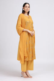 Yellow Cotton Embroidered Straight Kurta Pant and Dupatta Suit Set