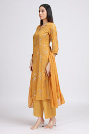 Yellow Cotton Embroidered Straight Kurta Pant and Dupatta Suit Set