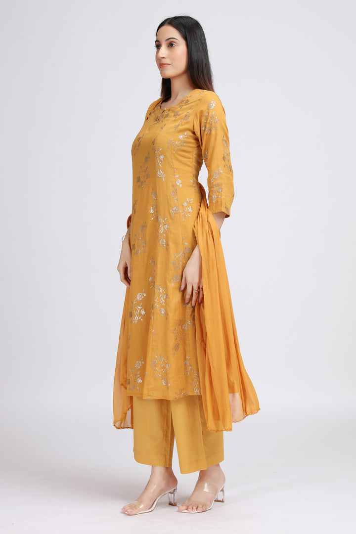 Yellow Cotton Embroidered Straight Kurta Pant and Dupatta Suit Set