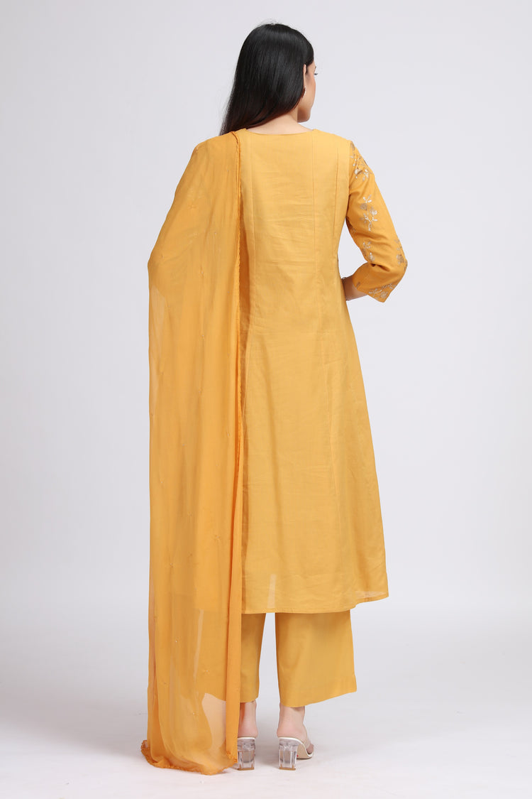 Yellow Cotton Embroidered Straight Kurta Pant and Dupatta Suit Set