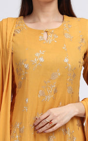 Yellow Cotton Embroidered Straight Kurta Pant and Dupatta Suit Set