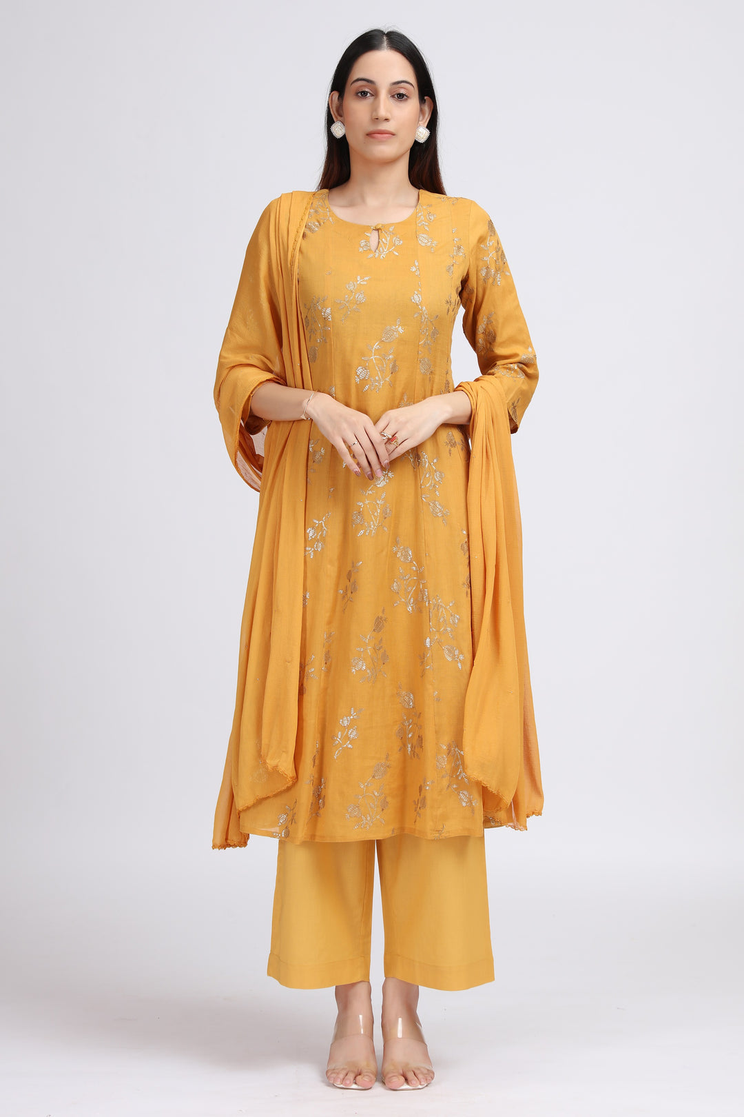 Yellow Cotton Embroidered Straight Kurta Pant and Dupatta Suit Set