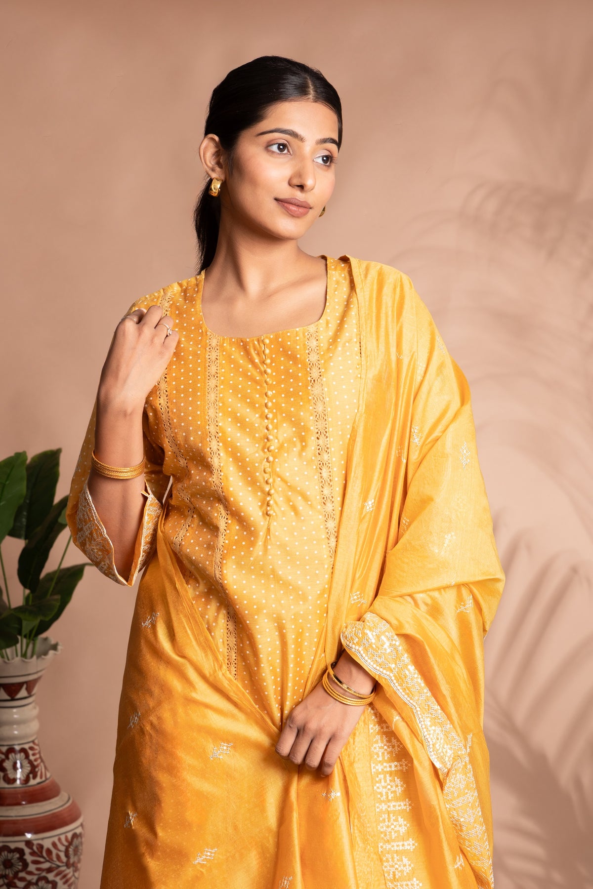 Yellow Embroidered A-Line Ethnic Set