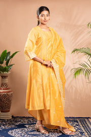 Yellow Embroidered A-Line Ethnic Set