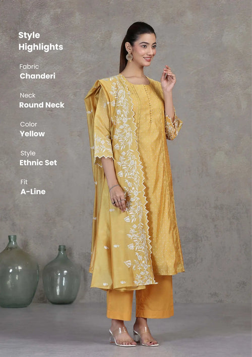 Yellow Embroidered A-Line Ethnic Set