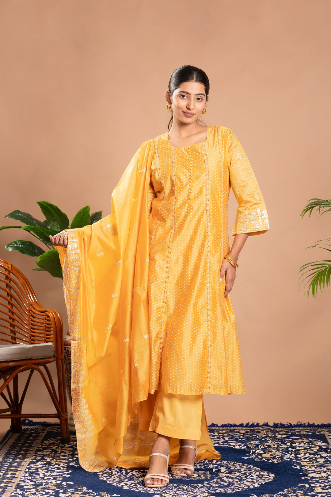 Yellow Embroidered A-Line Ethnic Set