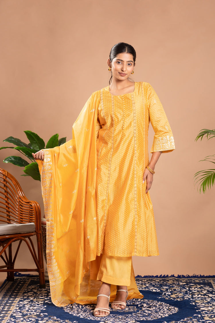 Yellow Embroidered A-Line Ethnic Set