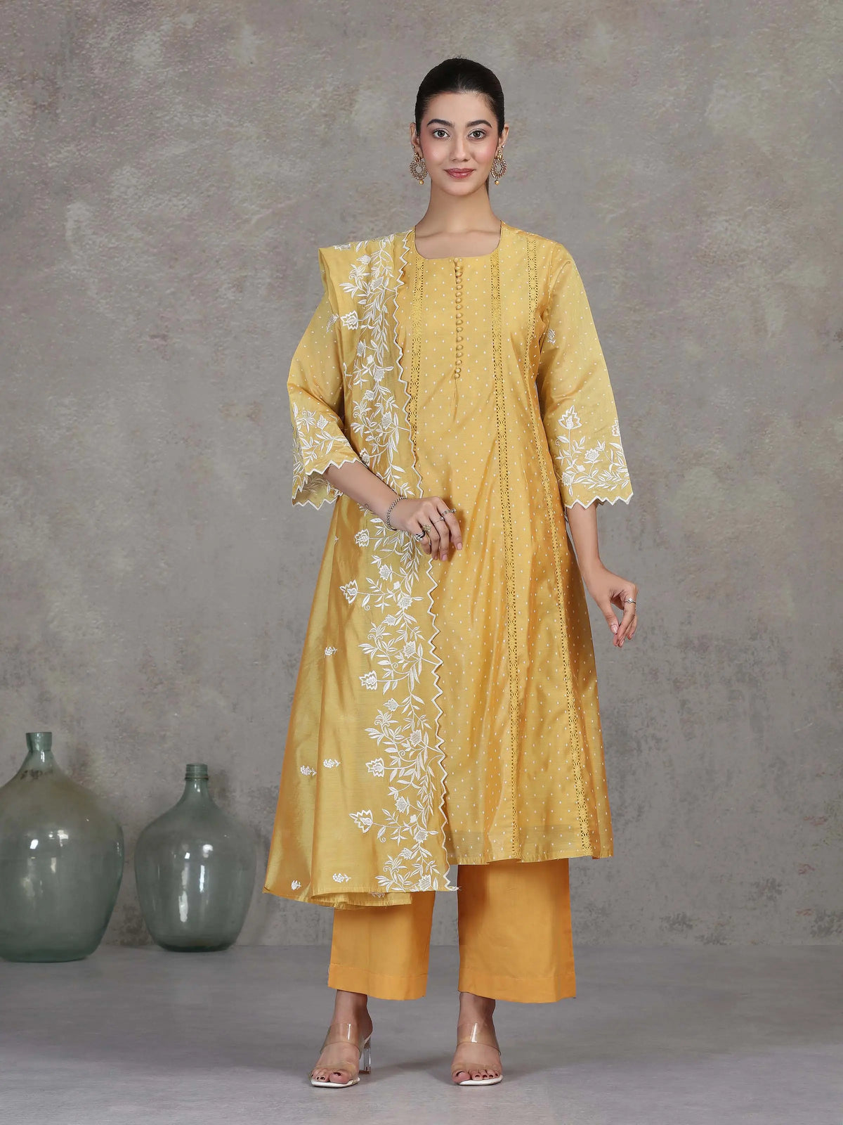 Yellow Embroidered A-Line Ethnic Set