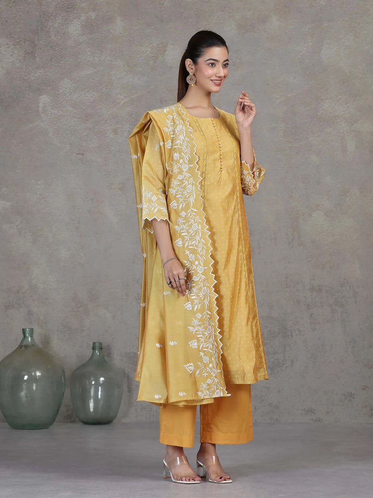Yellow Embroidered A-Line Ethnic Set
