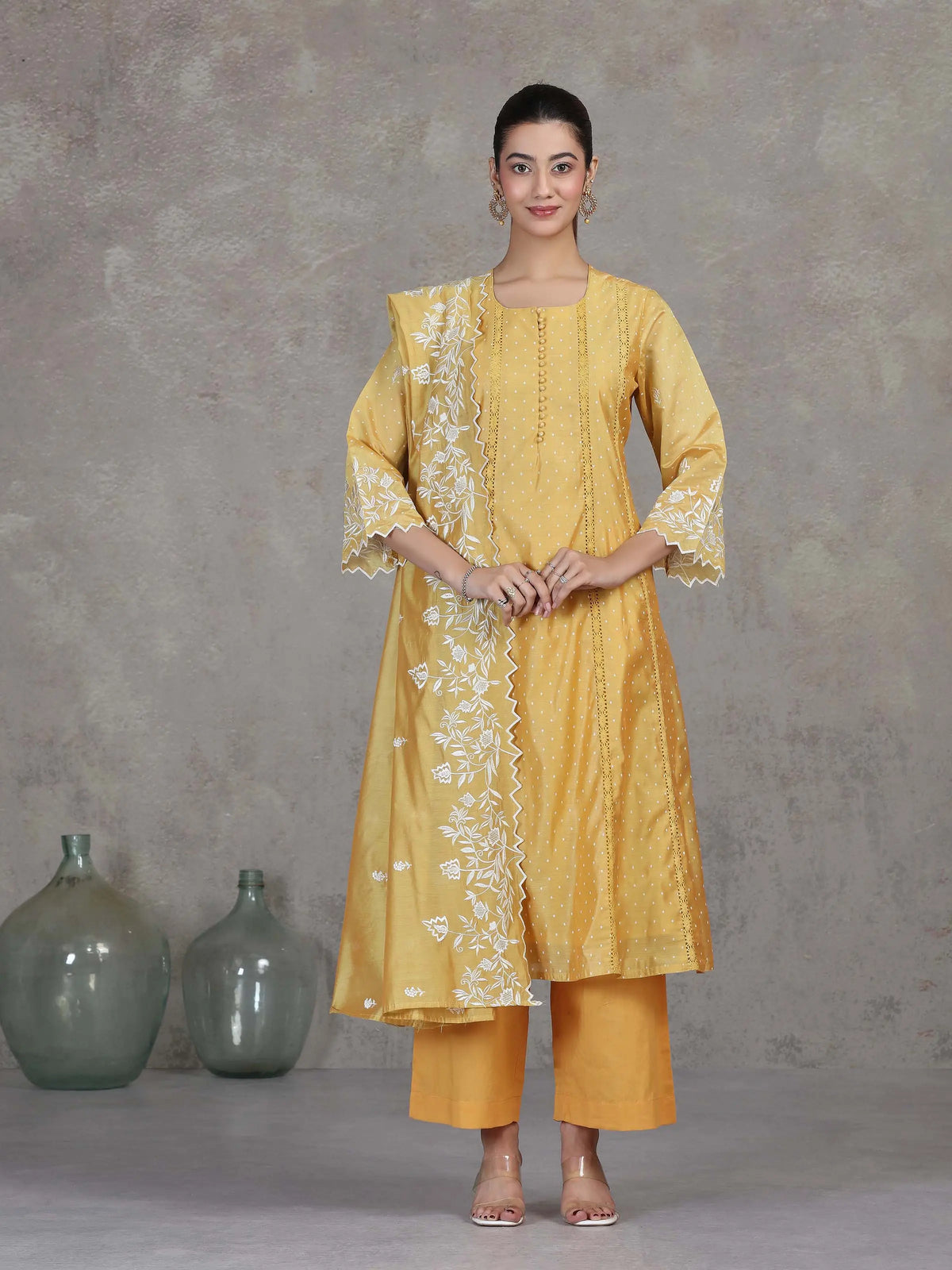 Yellow Embroidered A-Line Ethnic Set
