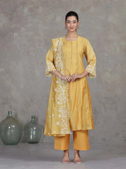 Yellow Embroidered A-Line Ethnic Set