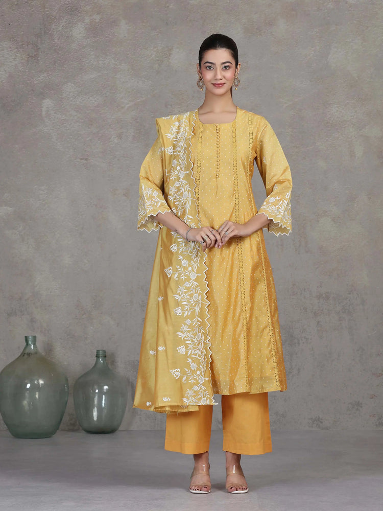 Yellow Embroidered A-Line Ethnic Set