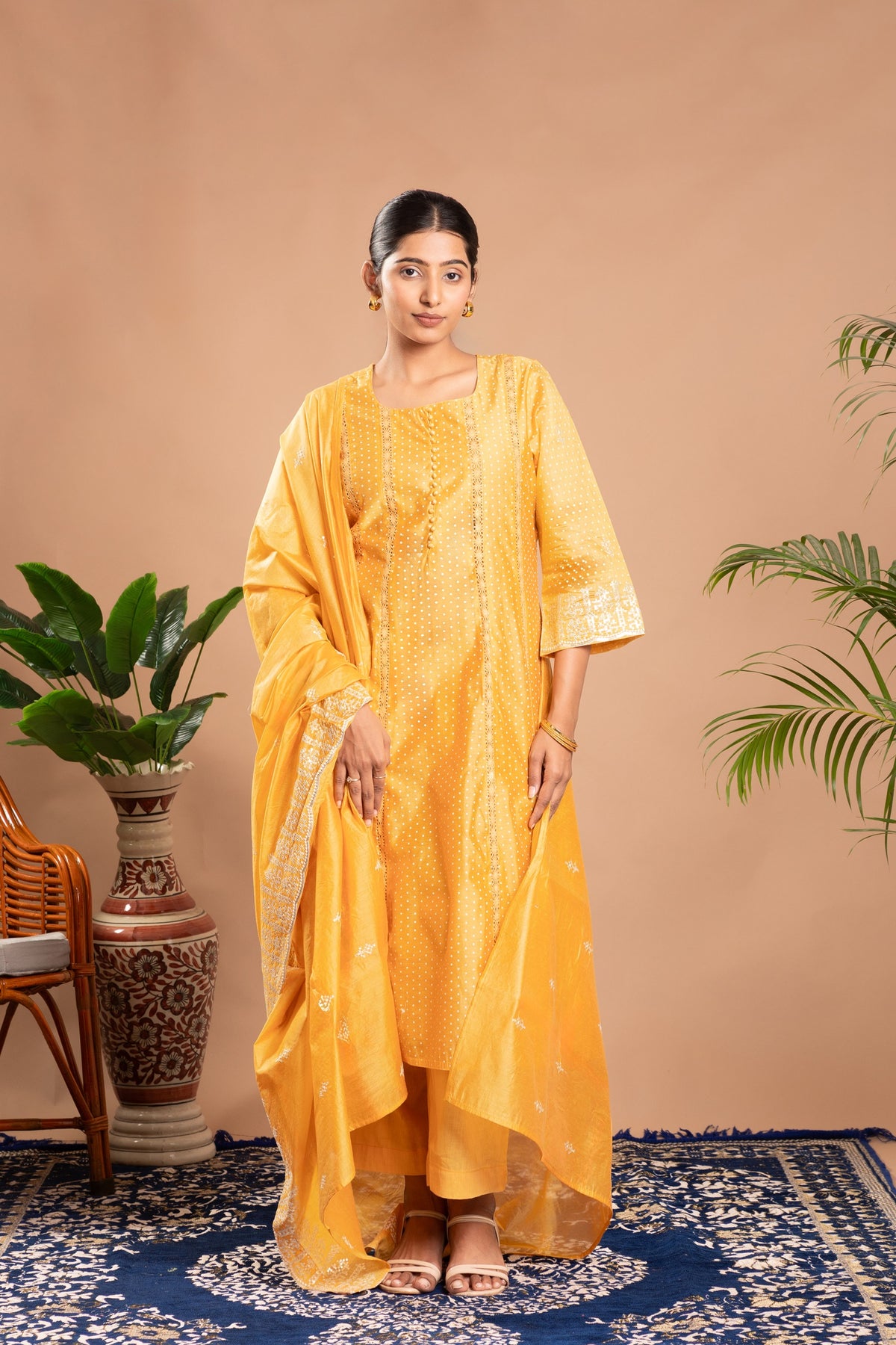 Yellow Embroidered A-Line Ethnic Set