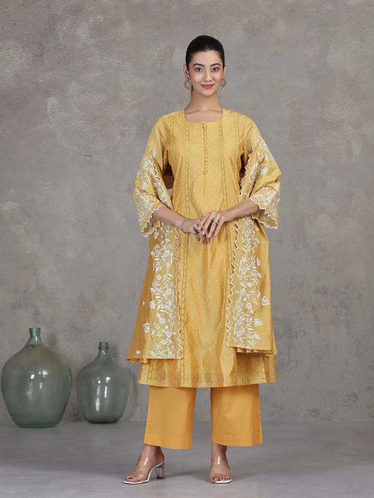 Yellow Embroidered A-Line Ethnic Set