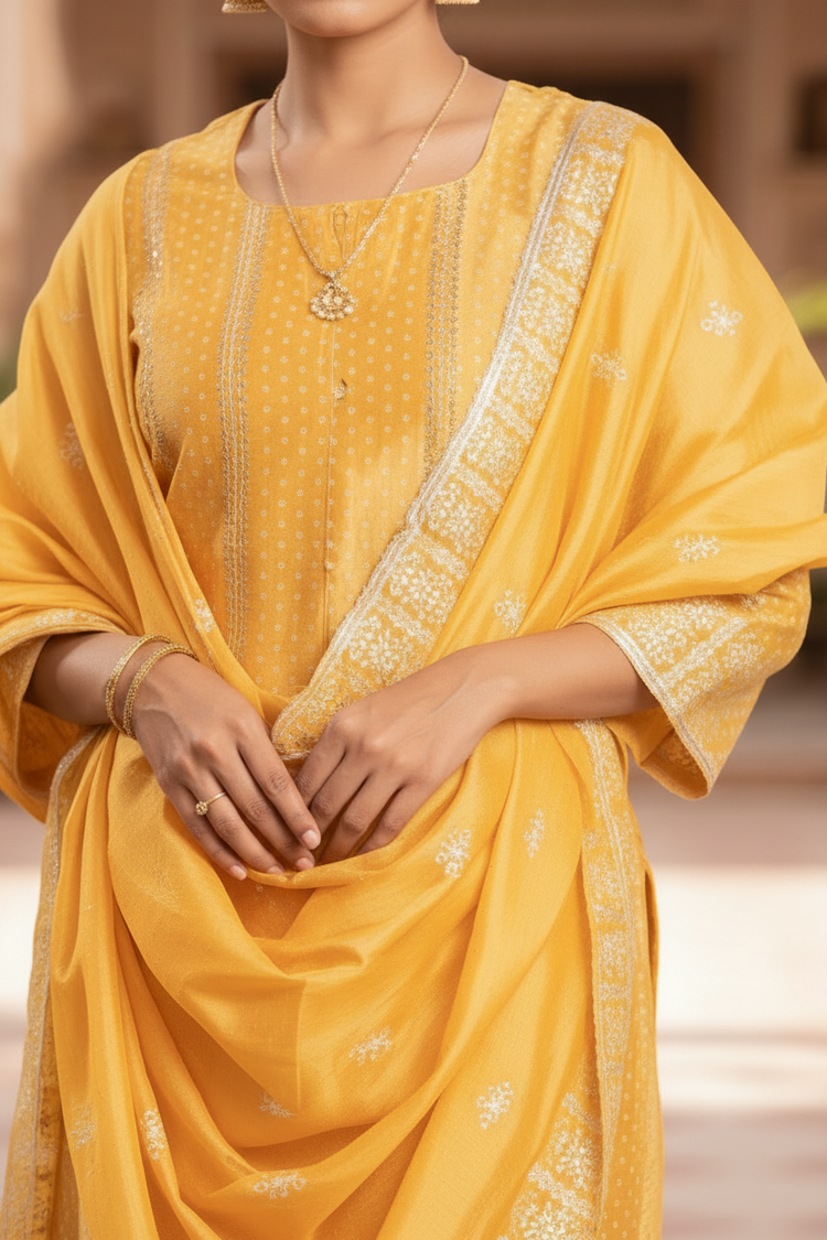 Yellow Embroidered A-Line Ethnic Set