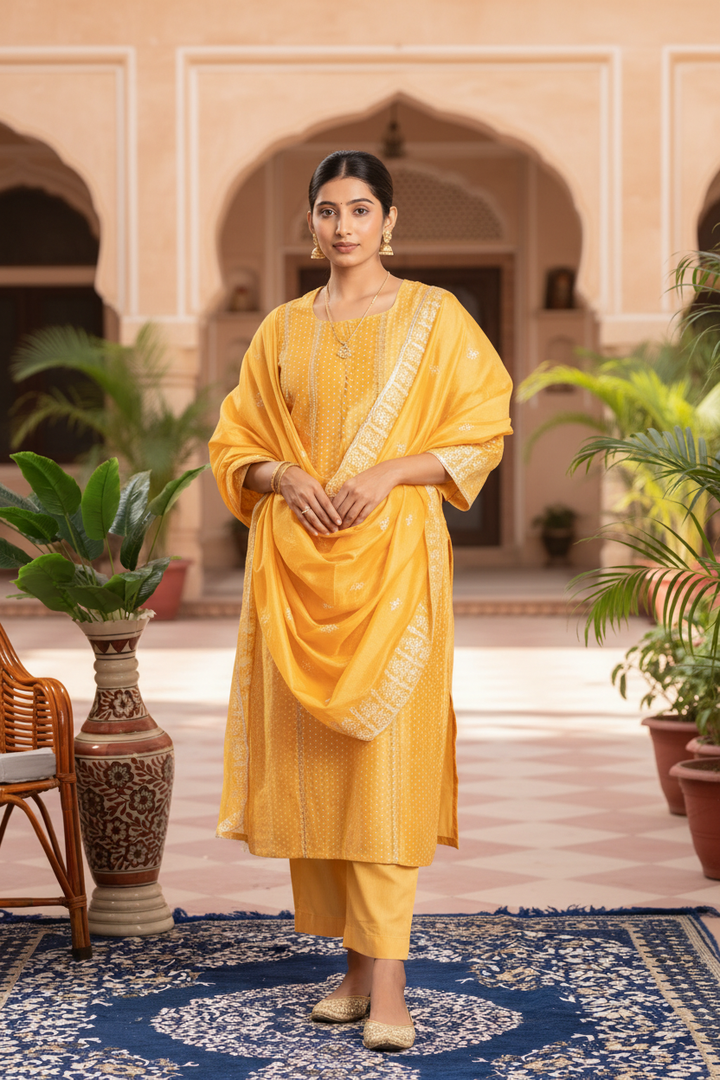 Yellow Embroidered A-Line Ethnic Set