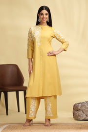Yellow Embroidered Rayon A Line Kurta Pant Co ord Set for women