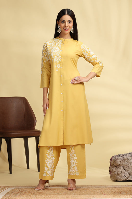 Yellow Embroidered Rayon A Line Kurta Pant Co ord Set for women
