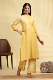 Yellow Embroidered Rayon A Line Kurta Pant Co ord Set for women