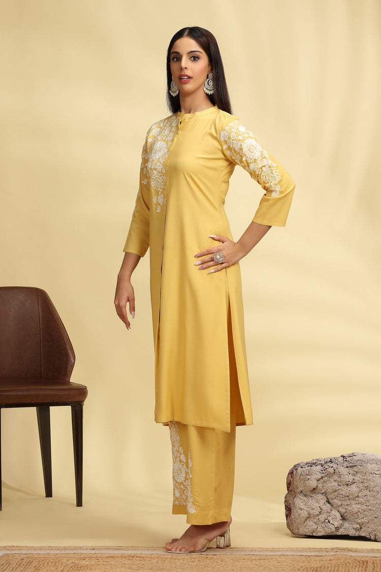 Yellow Embroidered Rayon A Line Kurta Pant Co ord Set for women