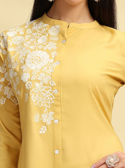 Yellow Embroidered Rayon A Line Kurta Pant Co ord Set for women