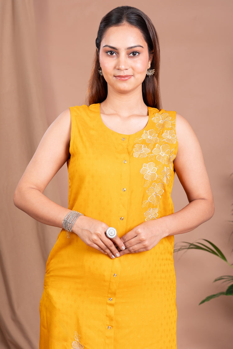 Yellow Embroidered Straight Co ord Set