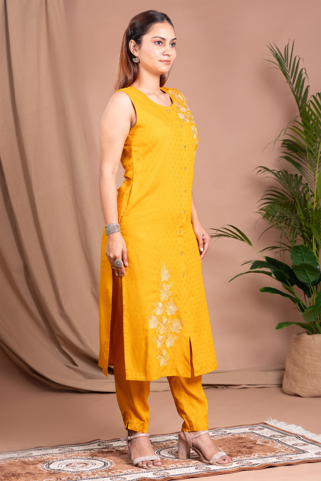 Yellow Embroidered Straight Co ord Set
