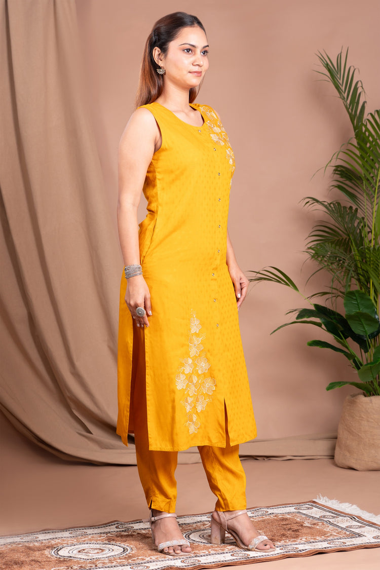 Yellow Embroidered Straight Co ord Set