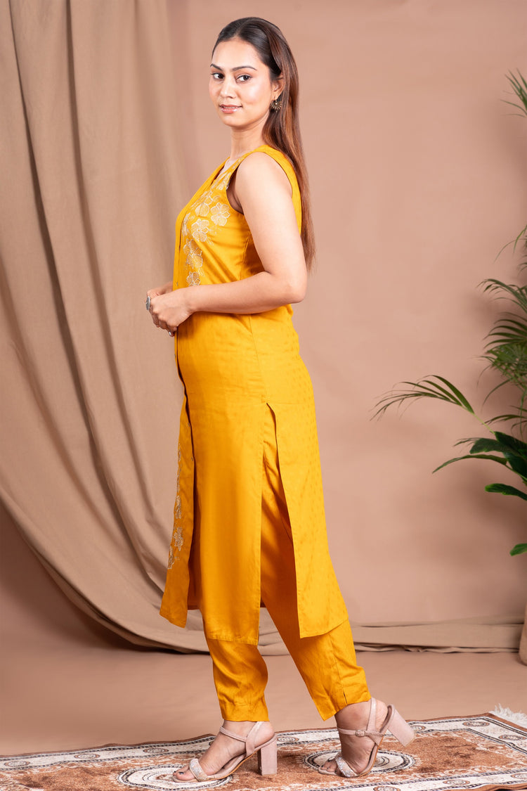 Yellow Embroidered Straight Co ord Set