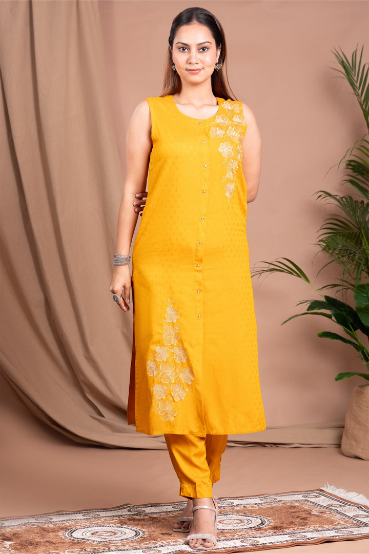 Yellow Embroidered Straight Co ord Set