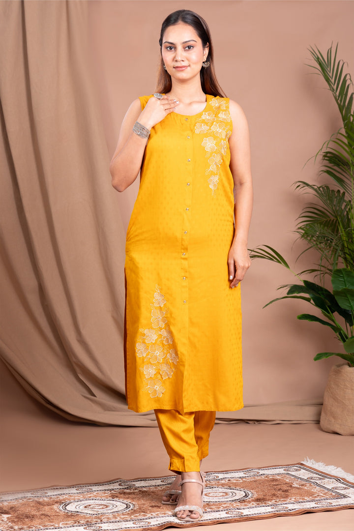 Yellow Embroidered Straight Co ord Set