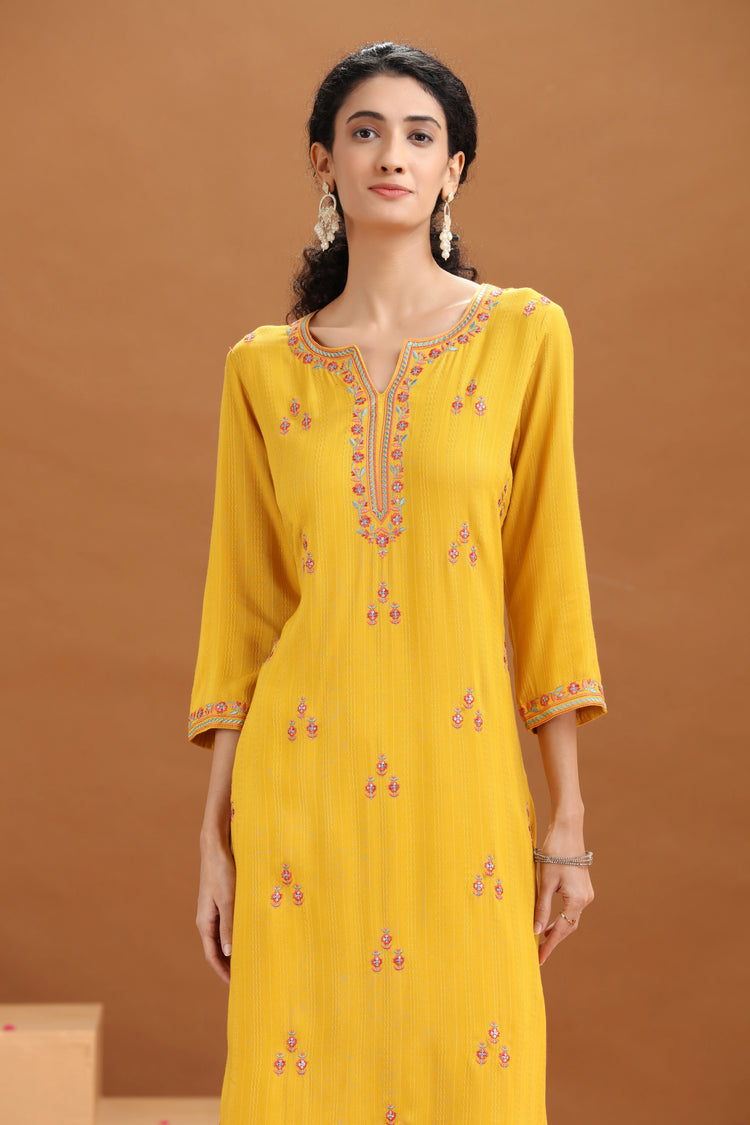 Yellow Embroidered Straight Cotton Co-ord Set