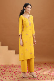 Yellow Embroidered Straight Cotton Co-ord Set