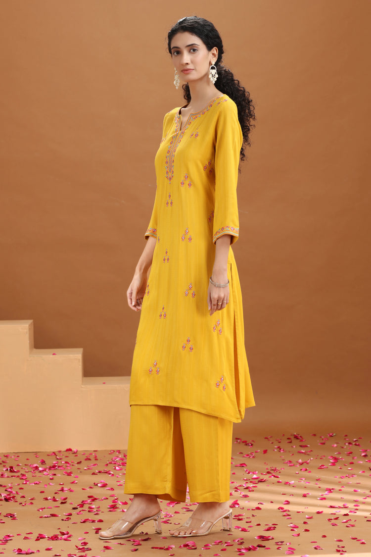 Yellow Embroidered Straight Cotton Co-ord Set