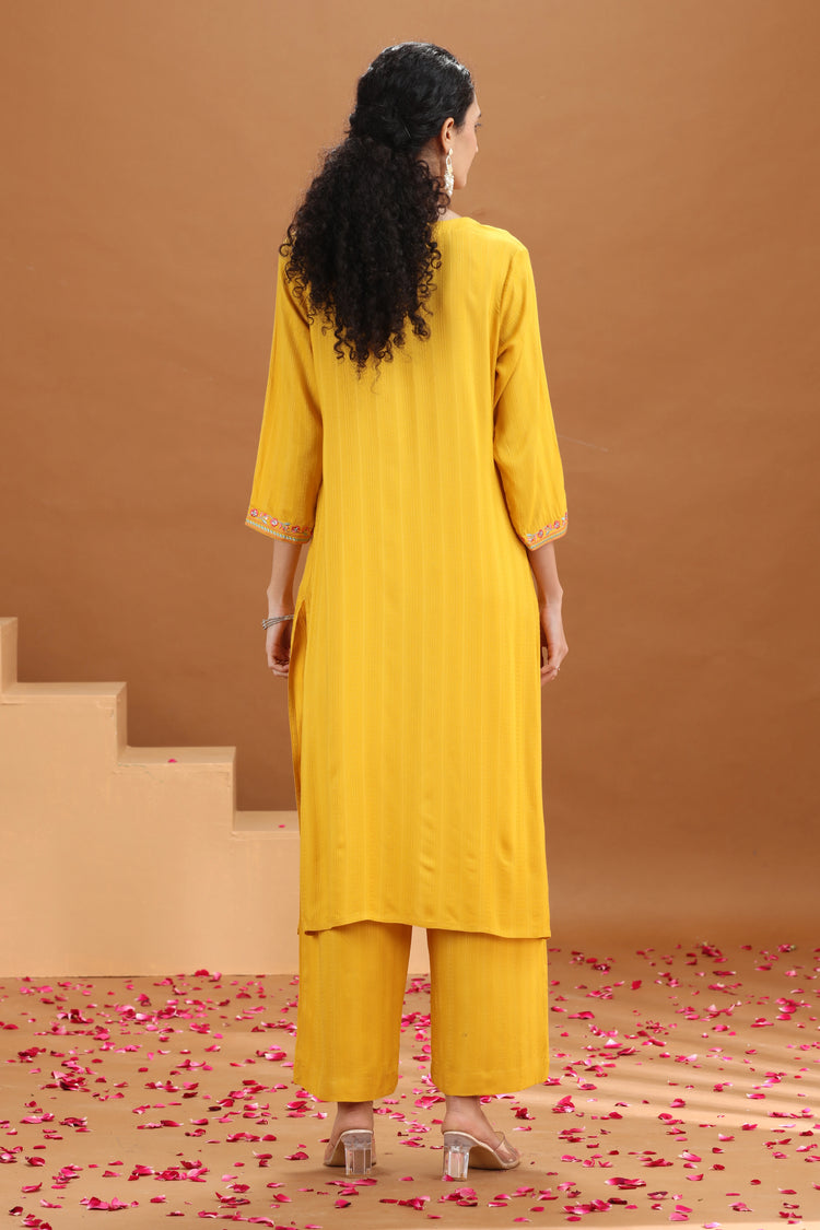 Yellow Embroidered Straight Cotton Co-ord Set