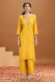 Yellow Embroidered Straight Cotton Co-ord Set