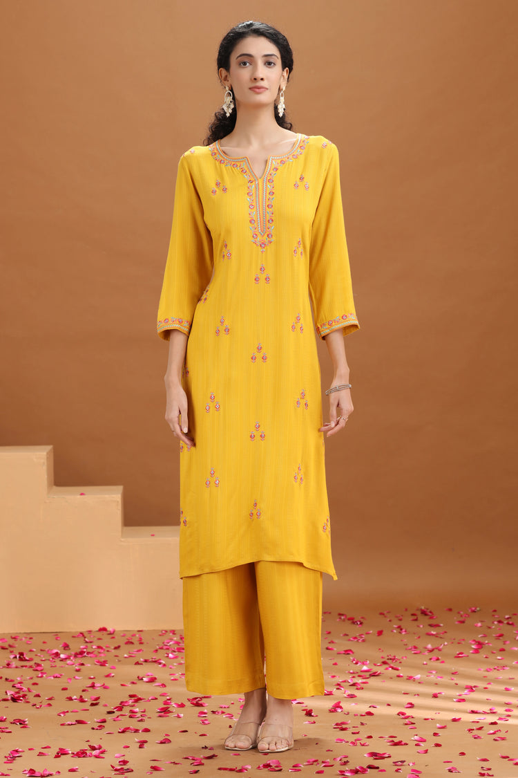 Yellow Embroidered Straight Cotton Co-ord Set