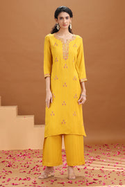 Yellow Embroidered Straight Cotton Co-ord Set