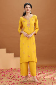 Yellow Embroidered Straight Cotton Co-ord Set
