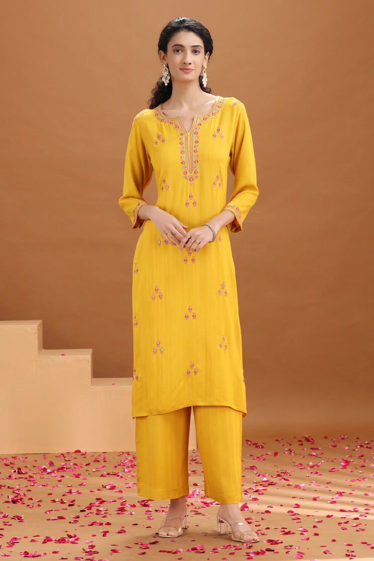 Yellow Embroidered Straight Cotton Co-ord Set