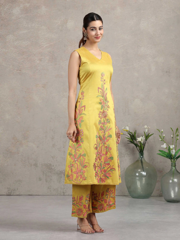 Yellow Floral Embroidered A-Line Co-ord Set