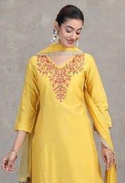 Yellow Floral Embroidered A-Line Ethnic Set