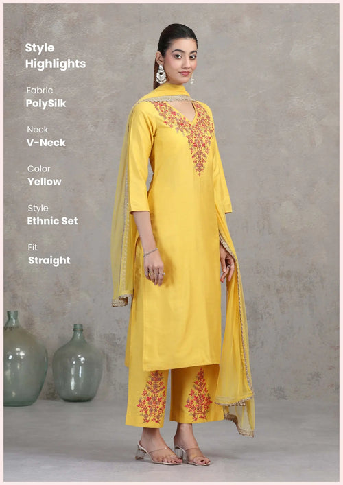 Yellow Floral Embroidered A-Line Ethnic Set