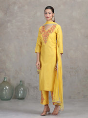 Yellow Floral Embroidered A-Line Ethnic Set