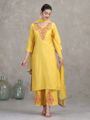 Yellow Floral Embroidered A-Line Ethnic Set